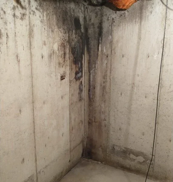 A basement corner with bare concrete walls stained by dark mold and emergency water damage, exposed ceiling beams, wiring, and insulation.