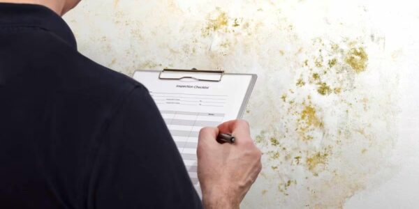 A person holding a clipboard and pen writes on an inspection checklist while examining a wall with visible mold and discoloration, assessing the need for mold removal.