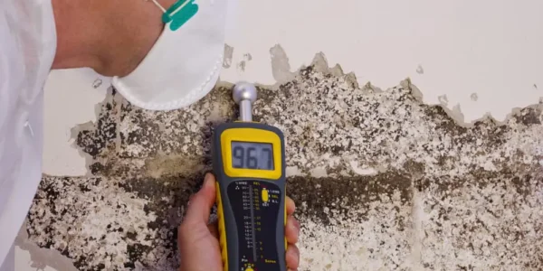 A person in a protective mask and suit uses a moisture meter to check dampness on a moldy, deteriorating wall before mold removal. The digital display shows a reading of 96.7.