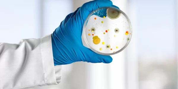 A person wearing a white lab coat and blue glove holds a petri dish with various colorful bacterial colonies growing on its surface, against a blurred indoor background.