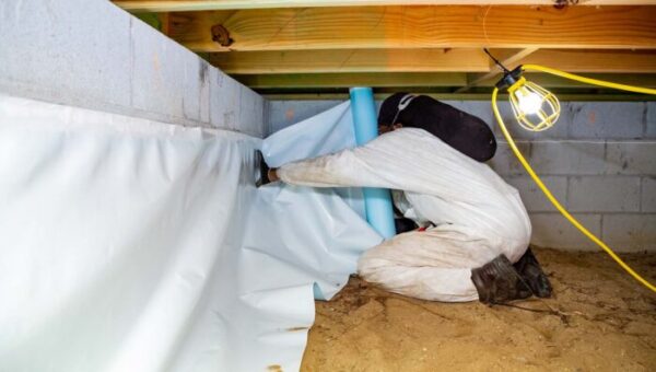 A person in protective clothing installs a plastic vapor barrier for crawl space mold removal along the wall, illuminated by a hanging work light.