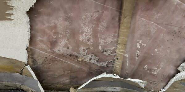 A section of wall with drywall removed reveals pink insulation and a wooden stud. Hidden mold behind baseboards is visible as white spots on the insulation, with broken drywall pieces scattered on the floor.