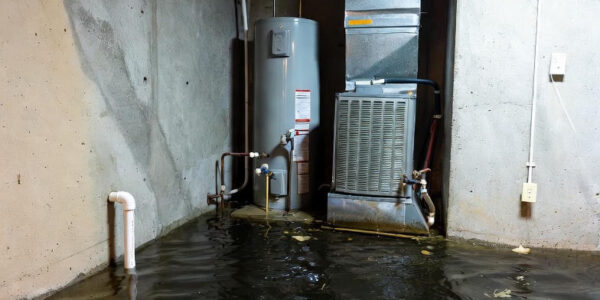 A basement with a water heater and furnace is flooded; water covers the floor, reflecting the walls and pipes. Concrete walls and ceiling tiles are visible above the rising water, highlighting the urgent need for Sewage Backup Cleanup Toronto services.