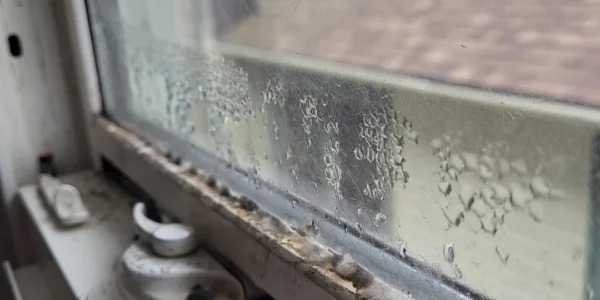 A close-up of a window with condensation and mold buildup along the inner edge of the frame. The foggy glass and visible grime highlight common window condensation issues in GTA homes. Outside, a building with a shingled roof is visible.