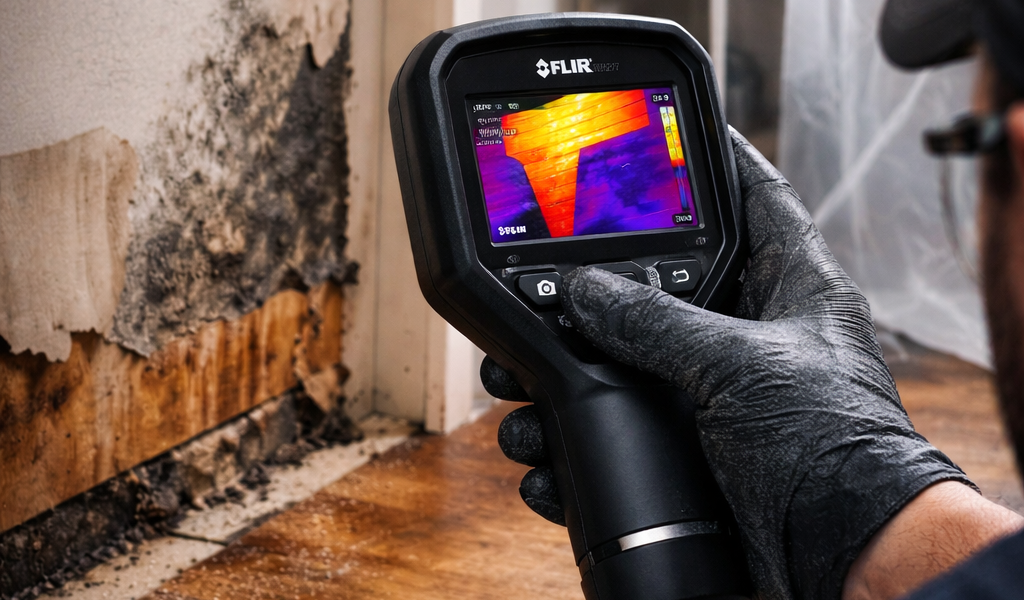 A person wearing gloves uses a FLIR thermal imaging camera to inspect mold and moisture damage on a wall and floor in a room.