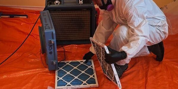 A person in a white protective suit and mask kneels on an orange tarp, inspecting or replacing a filter in a blue air filtration device during mold remediation in Richmond Hill, inside a room with bare walls.