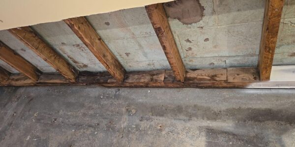 Exposed wooden beams and joists on a ceiling show signs of water damage and mold above a concrete floor, with discolored areas and visible stains—ideal candidates for mold remediation in Richmond Hill.