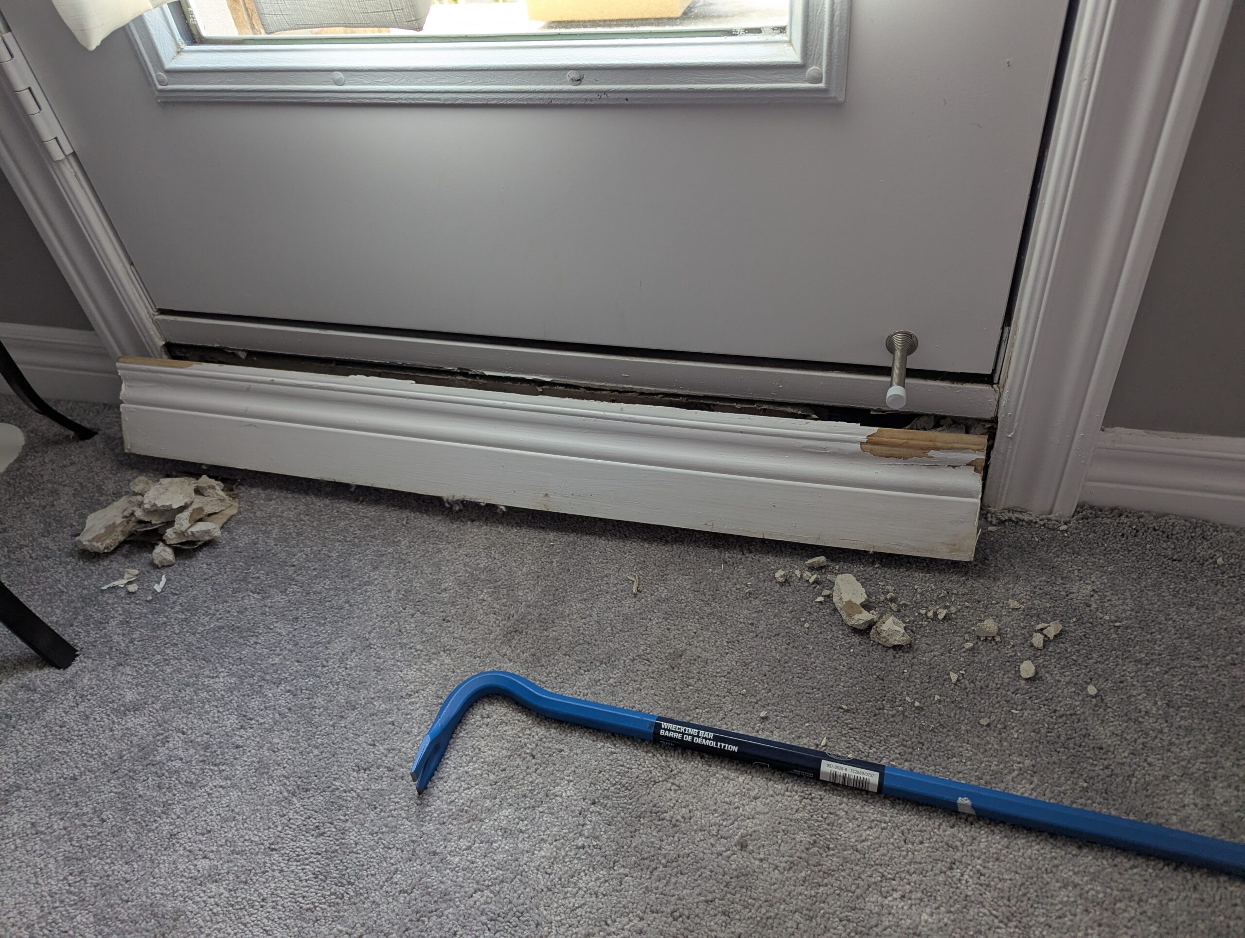 Balcony door mold damage in Hamilton bedroom near baseboards and flooring.